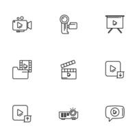 A set of 9 black video-related icons, including camera, folder, clapperboard, and projector. vector