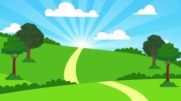 Animated Road Through Green Fields on a Bright Sunny Day. Nature Background video