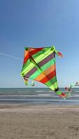 A colorful children's kite flutters in the wind on a beach overlooking the sea. video