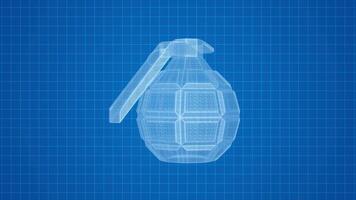 Grenade Wireframe Rotating on a Blueprint Background. 3D Weapon Animation. 4K video