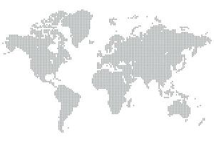 Geometric square dotted world map for high tech presentations. A minimalist atlas layout with dotted nations and continents across the globe vector