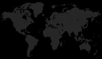 Pixel inspired dotted world map created with topographic intent. The dotted world map includes borders, shapes, and clean detail to visualize dotted world map layouts. vector
