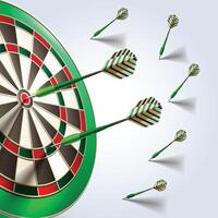Dartboard and on darts on target green color gradient background vector