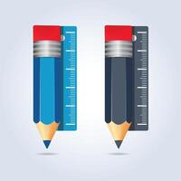 Pencils and rulers in two colors with a sharp tip and a red rubber on top vector