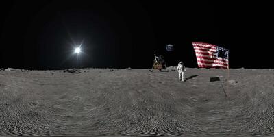 3d rendering. 360 vr. Astronaut walking on the moon and saluting the American flag. video