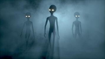 3D rendering. Three Scary aliens walks and looks blinking on a dark smoky background. UFO futuristic concept. video