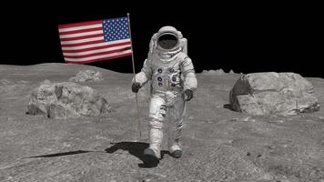 3d rendering. Astronaut walking on moon with American flag. video