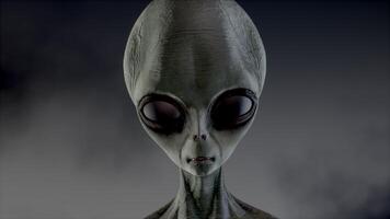 3D rendering. Portrait of Scary gray alien stands and looks blinking on a dark smoky background. futuristic concept. video