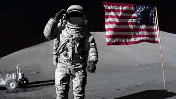 3d rendering. An astronaut standing on the moon with an american flag video