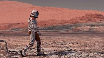 3d weergave. astronaut voldoet aan een Mars Aan Mars. eerste contact. buitenaards wezen Aan Mars. verkennen missie naar Mars. kolonisatie en ruimte verkenning. video