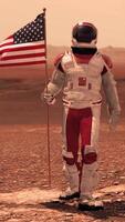3d render. Astronaut walking on Mars with American flag. Exploring Mission To Mars Red Planet. Futuristic Colonization Concept. video