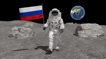 3d rendering. Astronaut walking on the moon with Russian flag. video