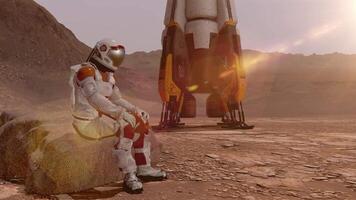 3d rendering. Astronaut sitting on Mars and admiring the scenery. Exploring Mission To Mars. Futuristic Colonization. Colony on Mars. video