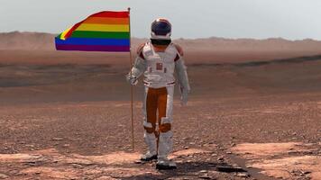 3d render. Astronaut walking on Mars with LGBT flag. Exploring Mission To Mars Red Planet. Futuristic Colonization Space Exploration Concept. video