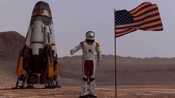 3d rendering. Astronaut saluting the American flag. Exploring Mission To Mars. Futuristic Colonization and Space Exploration. video