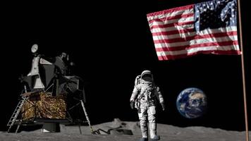3D rendering. Astronaut on the moon saluting the American flag. video