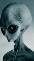 3D rendering aniation. Portrait of Scary gray alien stands and looks blinking on a dark smoky background. video