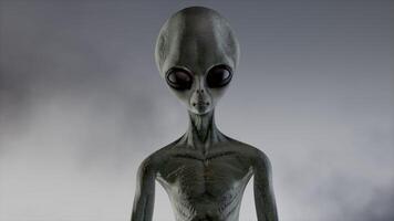 3D rendering. Scary gray alien stands and looks blinking on a dark smoky background. futuristic concept. video