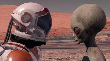 3d weergave. astronaut voldoet aan een Mars Aan Mars. eerste contact. buitenaards wezen Aan Mars. verkennen missie naar Mars. kolonisatie en ruimte exploratie concept. video
