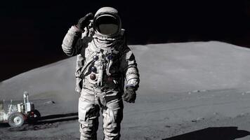 Astronaut on the moon and saluting the American flag. 3D rendering video