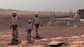 3d rendering. Family colonists immigrants to Mars, a man, a woman and a child admire the Martian landscape, the city and the spaceship. Mission to mars. video