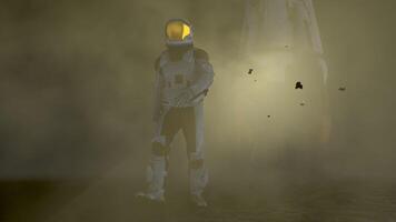 3d rendering. Courageous Astronaut in the Space Suit Explores Mysterious Alien Planet Covered in Mist. Space Travel, Habitable World and Colonization Concept. Space Adventure. video