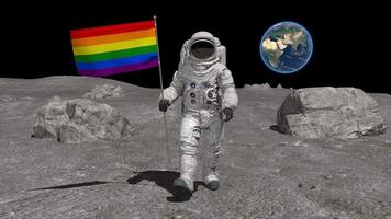 3d rendering. Astronaut walking on the moon with LGBT flag. video