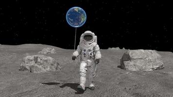 3d rendering. Atsronaut with a ball in the shape of the Earth is walking on the moon. video