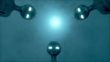3D rendering. Scary gray alien standing and blinking at the dark foggy background of a moon-like planet. Volumetric light.. video