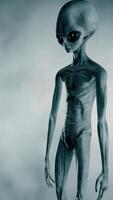 3D rendering aniation. Portrait of Scary gray alien stands and looks. UFO futuristic concept. video