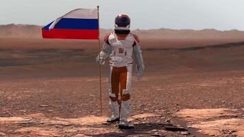 3d render. Astronaut walking on Mars with Russian flag. Exploring Mission To Mars Red Planet. Futuristic Colonization Space Exploration Concept. video