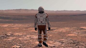 3d rendering. Astronaut walking on Mars red desert landscape. Space exploration mission concept with rocky terrain and mountains under orange sky atmosphere. Mission to mars. video