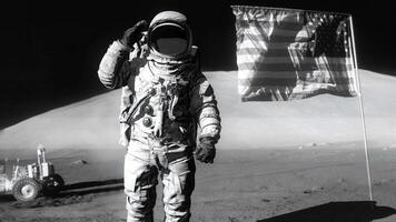 Astronaut on the moon and saluting the American flag. 3D rendering animation. video