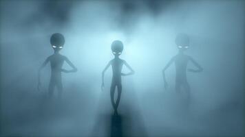 3D rendering. Scary gray aliens dancing on a dark smoky background. UFO concept. video