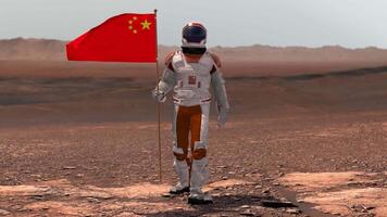 3d render. Astronaut walking on Mars with Chinese flag. Exploring Mission To Mars Red Planet. Futuristic Colonization Space Exploration Concept. video