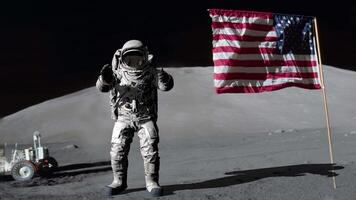 3D rendering animation. Astronaut jumping on the moon and saluting the American flag. video