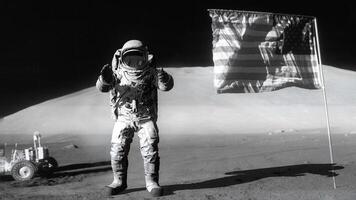 3D rendering. Astronaut jumping on the moon and saluting the American flag. video