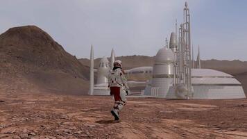 3d rendering. Astronaut wearing space suit walking on the surface of mars. Exploring mission to mars. video