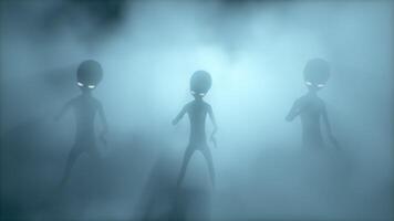 3D rendering animation. Scary gray aliens dancing on a dark smoky background. UFO futuristic concept. video