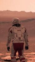 3d rendering. Astronaut walking on Mars red desert landscape. Space exploration mission concept mountains under orange sky atmosphere. Colonization and space exploration concept. video