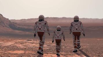 3d rendering. Family colonists immigrants to Mars, a man, a woman and a child admire the Martian landscape, the city and the spaceship. video