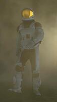 3d rendering. Courageous Astronaut in the Space Suit Explores Mysterious Alien Planet Covered in Mist. Space Travel, Habitable World and Colonization Concept. video