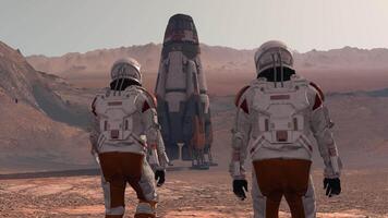 3d rendering. Astronaut in space suit walking on the surface of mars. Exploring mission to mars. Futuristic colonization and space exploration. video