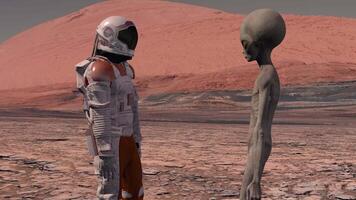 3d weergave. astronaut voldoet aan een Mars Aan Mars. eerste contact. buitenaards wezen Aan Mars. kolonisatie en ruimte exploratie concept. video