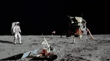 3d rendering. An astronaut standing on the moon with equipment video