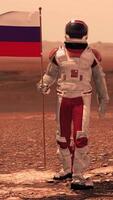 3d render. Astronaut walking on Mars with Russian flag. Exploring Mission To Mars Red Planet. Futuristic Colonization Space Exploration. video