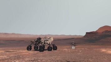 3d rendering animation. Mars rover deploys its equipment against the backdrop of a true Martian landscape. Exploring Mission To Mars. Colony on Mars. video