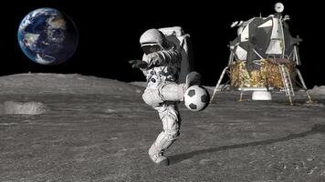 3d rendering Astronaut on the moon playing football. Slow motion. video