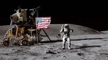 3D rendering animation. Astronaut jumping on the moon and saluting American flag. video