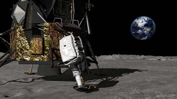 3d rendering. An astronaut descends the stairs of the Apollo spacecraft. video